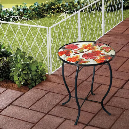 Outdoor Mosaic Side Table with Printed Maple Leaf Glass Top 2