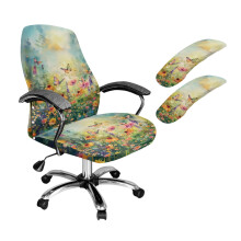 Butterfly Flower Print Office Chair Cover Set, Breathable Computer Chair Cover with Armrest Covers, Protective High Back Office Chairs Covers, Yellow