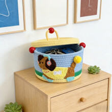 Cute Cartoon Cotton Rope Storage Basket with Lid, Hand-Woven Decorative Organizer for Snacks, Toys, Gifts – Kid-Friendly Bin for Nursery & Living