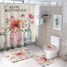4-Pc Shower Curtain Set with Waterproof Curtain, Non-Slip Rug, Toilet Lid Cover & Bath Mat – Pink Floral Mason Jar Spring Decor, Compatible with