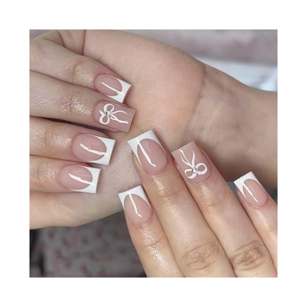 White French Tip Acrylic Press-On Nails Short Square 24 Pcs