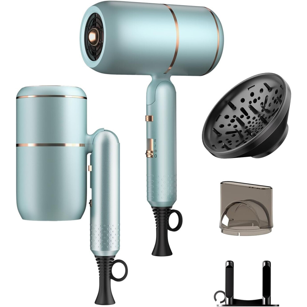 Professional Ionic Hair Dryer with Diffuser & Concentrator, Foldable Handle, Constant Temp, Fast Salon Drying â Light & Quiet (Baby Blue)