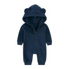 Newborn Baby Jumpsuit Bear Ear Hooded Thin Fleece Rompers Infant Boys Girls Long Sleeve Onesie with Zipper Navy 9-12 Months