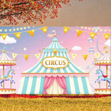Bannière de cirque à rayures pastel avec motif de grande roue – Idéale pour les fêtes d'enfants, les anniversaires et les carnavals