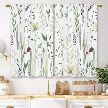 Sage Green Floral Kitchen Curtains, Rustic Botanical Tier Curtains, 2 Panels (27.5x39"), Rod Pocket, Compatible with Standard Rods