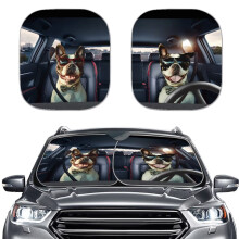 Happy Dog Print Folding Car Sun Shade Set of 2, Windshield Black, Wear-Resistant Reflective Polyester, Heat & Sun Blocking – Compatible with Most