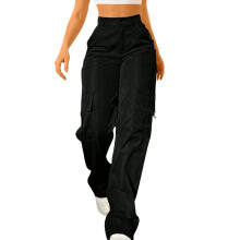 Damen-Jogginghose mit hohem Bund und Kordelzug, Cargo-Wanderhose – Leichte, weite Arbeitshose, Schwarz, Größe M