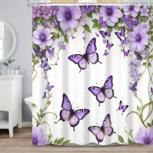 Rideau de douche papillon violet, tissu imperméable à motif floral, 152 x 183 cm