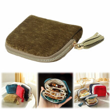 Velvet Jewelry Zipper Pouch with Tassel Brown