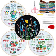 Beginner Embroidery Kit with 2 Hoops 4 Sets Threads Needles