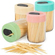 Sturdy Safe Toothpick Holder with 1600 Natural Wood Toothpicks for Teeth Cleaning, Unique Home Design Decoration, Unusual Gift, 4 Pack (4Color)