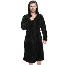 WRISTBIQUE Mens Hooded Bathrobe Black Polyester 1 Set 53.5x45.3x22.8in