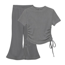 Charcoal Gray Girls Matching Outfit - Ribbed Crop Top & Retro Flare Pants 2 Piece Set, Soft Stretchy Clothes for Kids Kids Ages 1-10 Years,Size 3-4T