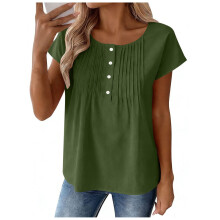 Women's Army Green Pleated Blouse Cap Sleeves A-Line