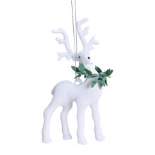 Flocked Christmas Reindeer Ornament with Green Wreath, Standing Deer Hanging Charm for Xmas Tree Decor (White)