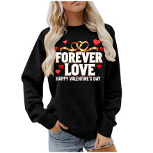Damen-Sweatshirt zum Valentinstag – Schwarzer Rundhalsausschnitt mit „Forever Love“-Motiv, weiches Polyester, lässiges Geschenk für die
