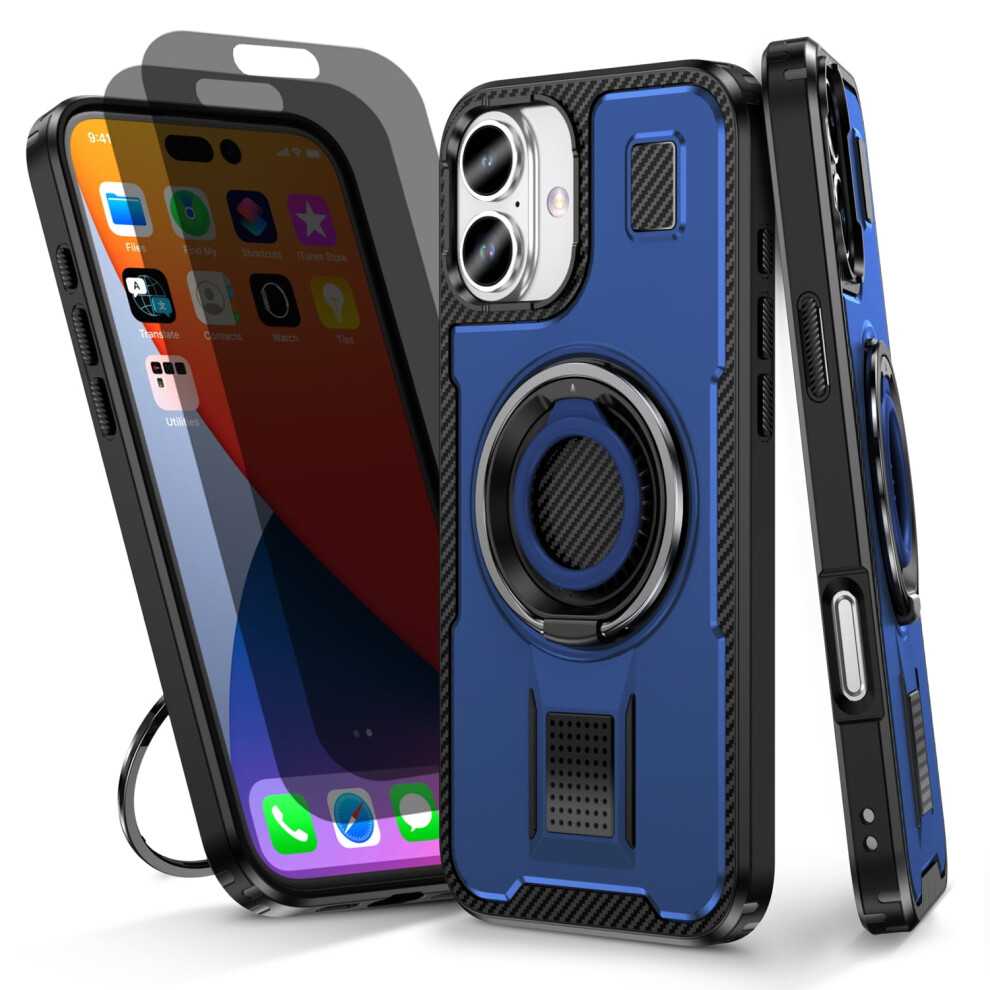Iphone 16 Case With 2 Privacy Screen Protectors, Shockproof & Anti-Fingerprint Rugged Cover, 360 Rotatable Ring Stand Â Blue 9165521759224
