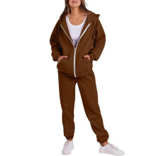 Conjunto de pantalón deportivo elástico y sudadera con capucha y cremallera completa para mujer, poliéster ligero con bolsillos funcionales para