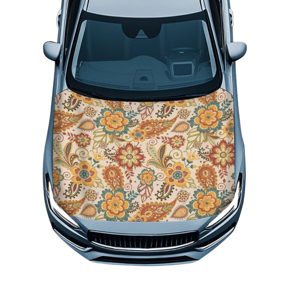 Stretchable Ethnic Flower Print Car Hood Cover, Waterproof Protector Film Compatible With Cars, Trucks, Vans, Suvs 9165521758258