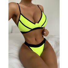 Blå bikiniset för kvinnor, stringtrosa, patchwork, push-up, vadderad L