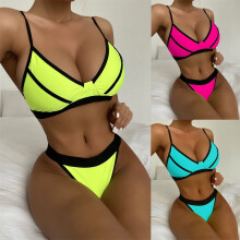 Women‘s Bikini Swimsuits Sets Thong Bikini Sets Patchwork Sexy Bikini Push-Up Padded Beachwear Set Swimwear Bikini Sets for Women Blue L
