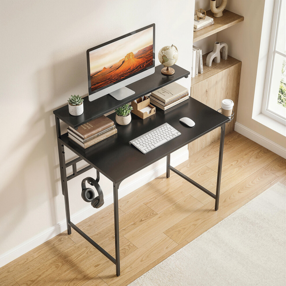 Homcom (Black) Computer Desk, 80Cm Home Office Study Table With Hutch Shelf Black