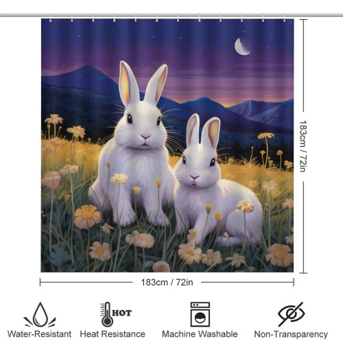 Σετ κουρτινών μπάνιου White Bunnies Moonlit Field 4 τεμαχίων με χαλιά, καπάκι και πατάκι 1