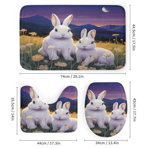 Σετ κουρτινών μπάνιου White Bunnies Moonlit Field 4 τεμαχίων με χαλιά, καπάκι και πατάκι 2