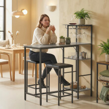 (Grey) HOMCOM 3Pcs Breakfast Bar Table and Stools Set 4-tier shelving