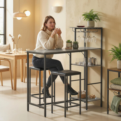 Homcom (Grey) HOMCOM 3Pcs Breakfast Bar Table and Stools Set 4-tier shelving