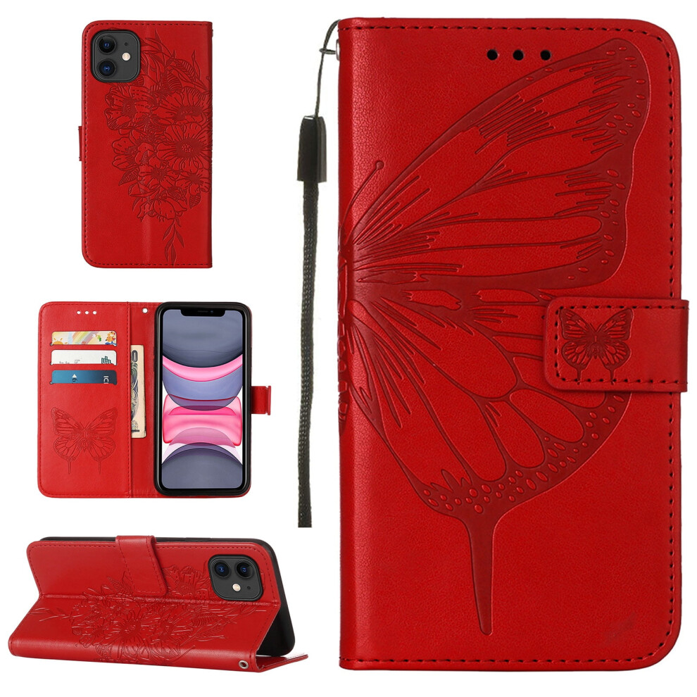 Butterfly Wallet Case For Iphone 12 Â Magnetic Hand Strap, Card Slots, Synthetic Leather Kickstand, Red 9101399443049