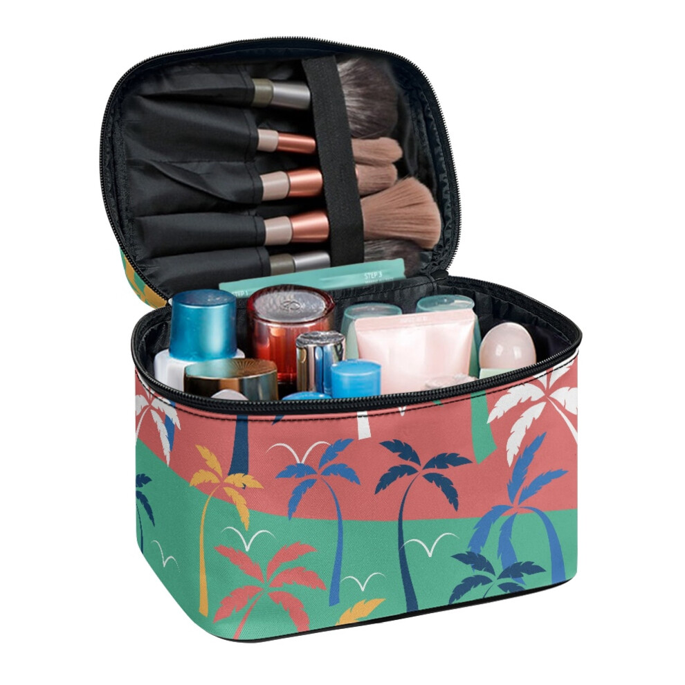 Coconut Tree Pattern Travel Cosmetic Organizer Bag Double Zipper Travel Make up Case with Brush Holder Thoughtful Gift For Friend Traveling
