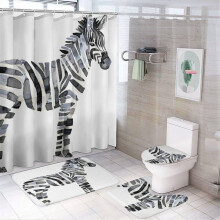 Watercolor Zebra Shower Curtain 4-Piece Set w/ Non-Slip Rugs, Toilet Mat & Lid Rug – Black & White Wild Animal Waterproof Bath Accessories