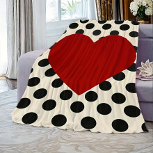 Red Heart & Black Polka Dot Coral Fleece Throw Blanket – 180-200gsm, All-Season, Digital Print, for Sofa/TV/Home/Office/Camping – Multi-Functional