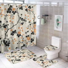 4-Pc Shower Curtain Set with Rugs – Orange & Black Floral, Waterproof, Spring Decor, Compatible with Standard Showers