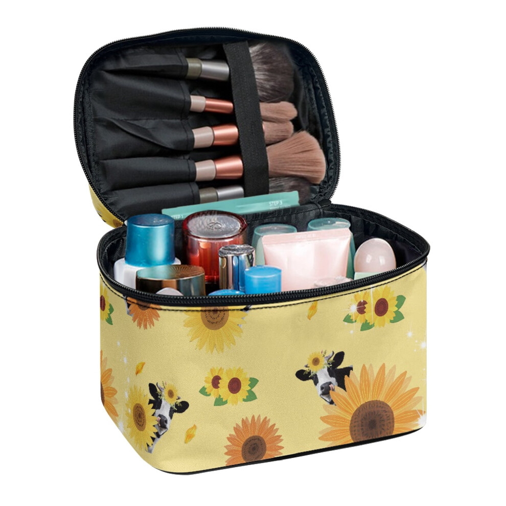 8.86 x 6.5 x 5.9 Inches Cosmetic Makeup Organizer Bag Lightweight Handy Cow and Sunflower Pattern Multi-Purpose Women and Men
