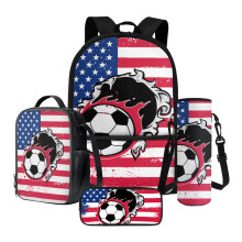 Schooltas en lunchboxset met vlammenvoetbal en Amerikaanse vlagprint voor kinderen – rugzak, etui en waterfleshouder – geschikt voor schoolgebruik
