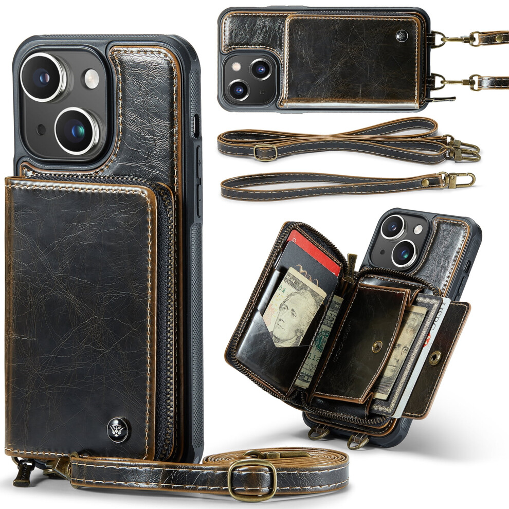 Crossbody Wallet Case For Iphone 15, Rfid-Blocking Pu Leather Flip Cover With Zipper, Kickstand, Card Slots, Wrist Strap Â Black 9485826753643