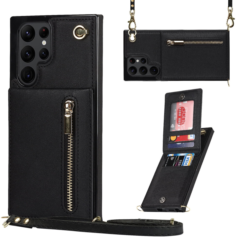 Flip Leather Wallet Case For Compatible With Samsung Galaxy S24 Ultra – Crossbody, Card Holder, Zipper Pocket, Lanyard, Kickstand, Black 9341593607520
