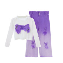 Girls Purple 2 Piece Outfit Set, Long Sleeve Crop Top & Wide Leg Ombre Jeans with Bow, Distressed Matching Casual Play Clothes for Tweens,Size 3-4T