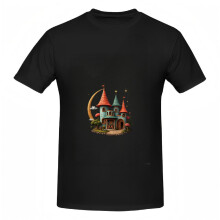 T-shirts à manches courtes en coton pour femmes, motif château fantaisiste - T-shirts amusants avec tours rouges et vertes, lune et étoiles