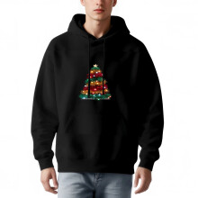 Men's Long Sleeve Hoodie Pullover Sweatshirt - Black with Colorful Christmas Tree Design Ornaments Lights & Front Pocket