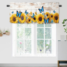 Watercolor Sunflower Window Valance with Blue Butterflies, Rustic Wooden Rod Pocket, 54x18 in, 1 Panel