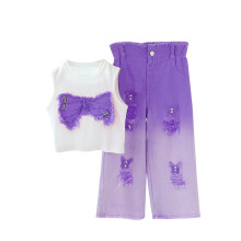 Girls 2 Piece Set Purple Sleeveless Bow Crop Top & Ombre Wide Leg Pants Casual Summer Play Clothes Matching Outfit for Girls,Size 5-6T