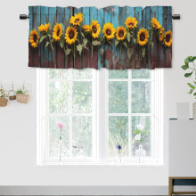 Sunflower Valance Rod Pocket Curtain, Yellow Flowers on Rustic Blue Wood, 54x18 in, 1 Panel, Compatible with Standard Rods