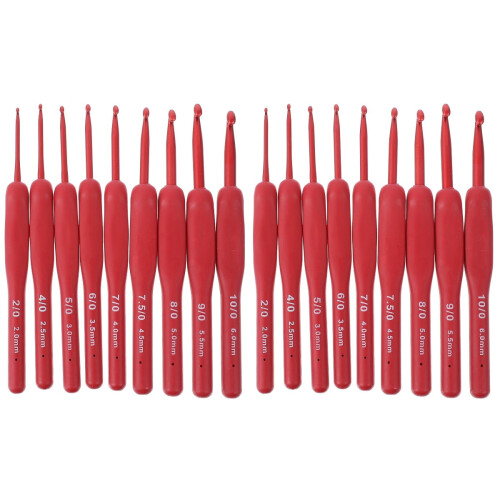 Red Round Handle Crochet Needles Set of 18