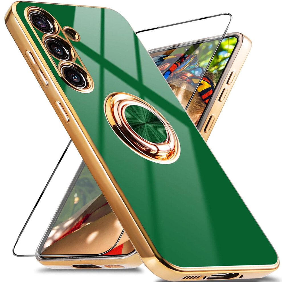 Compatible With Samsung Galaxy S24 Case + Screen Protector, 360 Rotating Magnetic Ring Stand, Shockproof Electroplated Cover Green 9193271961109