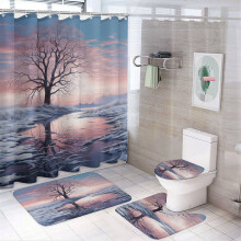 4-Piece Winter Tree Shower Curtain Set with Non-Slip Rug, Lid Cover & Bath Mat – Waterproof Bathroom Decor, Compatible with Standard Showers