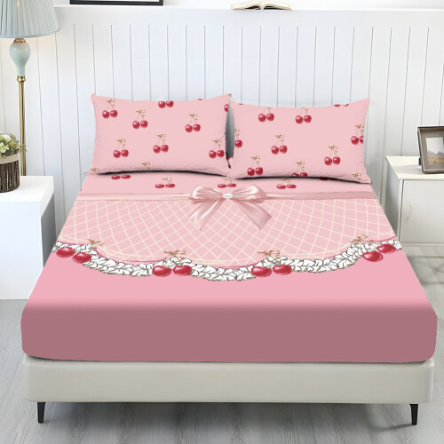 Queen Sheet Set Pink Cherry Bow Lace 3-Piece