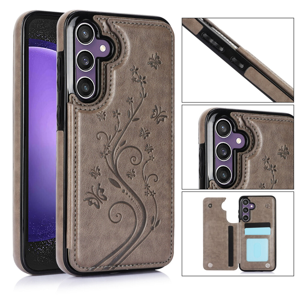 Magnetic Leather Wallet Case Compatible With Samsung Galaxy S25 Â Butterfly Embossing, Flip Kickstand, Card Slot Gray 9341593606325